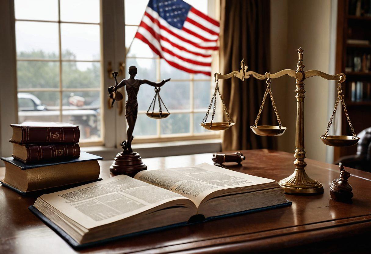 An open law book on a desk with a gavel and scales of justice beside it, symbolizing bankruptcy law. In the background, a distressed person looking at their bills, with a hopeful light shining through a window. A subtle American flag motif representing the US financial system. The scene conveys a mix of confusion and hope, emphasizing financial recovery. super-realistic. vibrant colors. soft lighting.