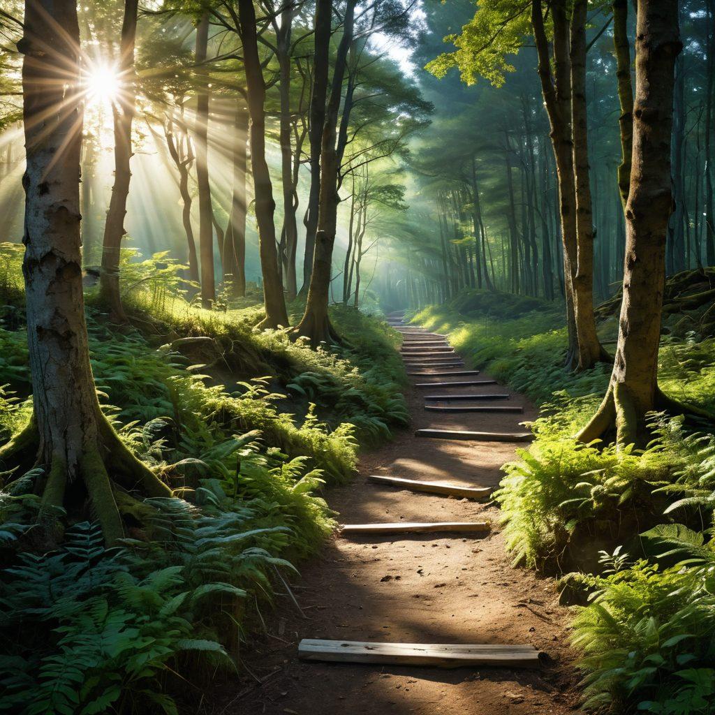 A calm and serene landscape depicting a winding path through a dense forest representing the journey of debt management, with signs along the path labeled 'Strategies', 'Insights', and 'Bankruptcy Navigation'. Include a figure walking confidently along the path, surrounded by gentle rays of sunlight breaking through the trees, symbolizing hope and clarity. super-realistic. vibrant colors. natural scenery.