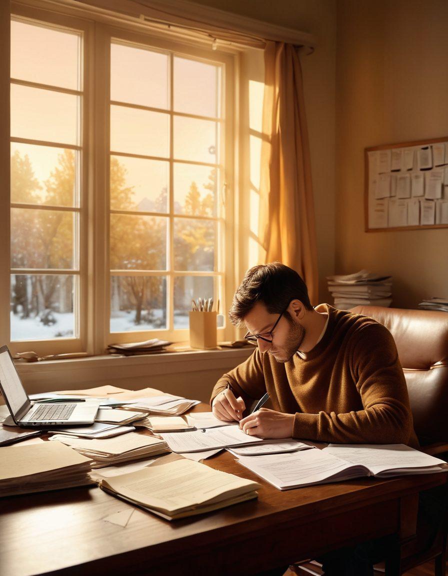 A thoughtful person sitting at a desk cluttered with financial documents and a laptop, surrounded by a comforting atmosphere with soft lighting. A legal book on bankruptcy lies open beside them, while a notepad with handwritten notes is in view. Elements of hope and resilience depicted through a light coming through a window, casting a warm glow. super-realistic. warm colors. cozy setting.